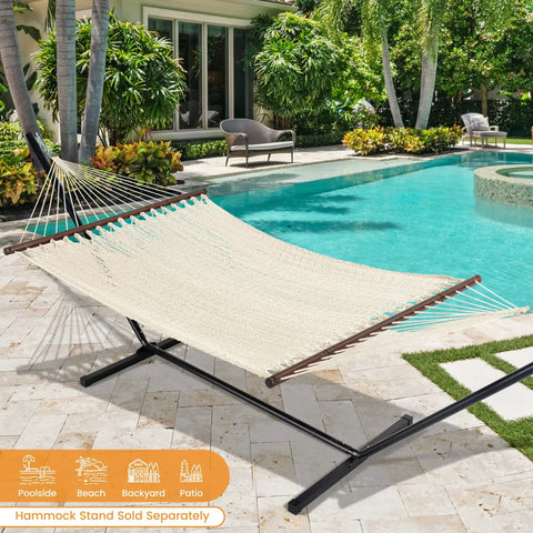 Caribbean Rope Hammock For Outdoors Extra Large 13 Ft Two Person Hand Woven Polyester XL Hammock With Spreader Bars by pool.