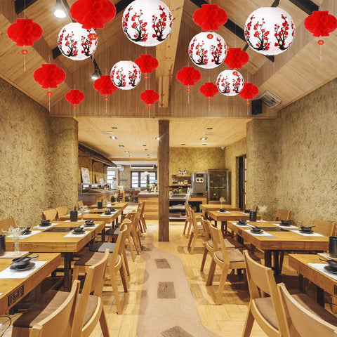 40 Piece Japanese Chinese Paper Lantern Decor Set With LED Lights For Indoor And Outdoor Use Cherry Blossom And Red Lanterns