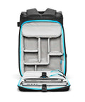 City Commuter Camera Backpack With 18 Liter Rolltop Closure, interior view with padded sleeves for laptop and tablet, compartments visible