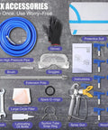 14 accessories for Real Deal Airless Paint Sprayer 1300W Electric House Paint Gun including nozzles, brush, and gloves.