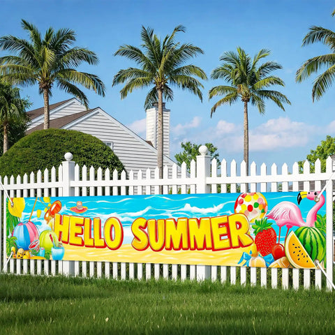 Hello Summer Banner 118 By 20 Inches Outdoor Beach Theme Party Decor With Flamingo And Tropical Fruit Design for fence