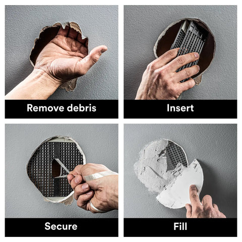 4-step process using High Strength Large Hole Repair Kit With Fiber Reinforced Spackling Compound, Repair Plate for wall holes