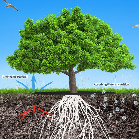 Cross-section view showing tree roots protected by breathable non-woven fabric in landscape, highlighting absorption benefits.