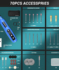 Cordless Rotary Tool Kit With 5 Variable Speeds And 70 Accessories USB C Charging 3 7 Volt Battery Power For Engraving Sanding Polishing Carving Cutting And DIY Crafts Perfect For Home Projects, displayed with all components on blue background.