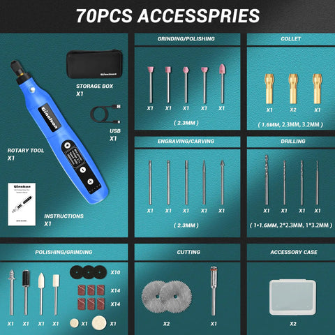 Cordless Rotary Tool Kit With 5 Variable Speeds And 70 Accessories USB C Charging 3 7 Volt Battery Power For Engraving Sanding Polishing Carving Cutting And DIY Crafts Perfect For Home Projects, displayed with all components on blue background.