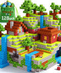 Colorful assembled structure with trees and houses from Magnetic Blocks 128 PCS Magnetic Building Kit For Kids Ages 3 To 12