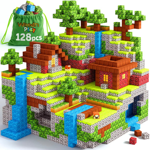 Colorful assembled structure with trees and houses from Magnetic Blocks 128 PCS Magnetic Building Kit For Kids Ages 3 To 12