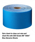 Stikit Blue Abrasive Sheet Roll 320 Grade No Hole 2 3 4 In X 45 Yd shown on a white background, ideal for automotive sanding.