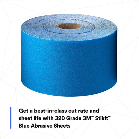 Stikit Blue Abrasive Sheet Roll 320 Grade No Hole 2 3 4 In X 45 Yd shown on a white background, ideal for automotive sanding.