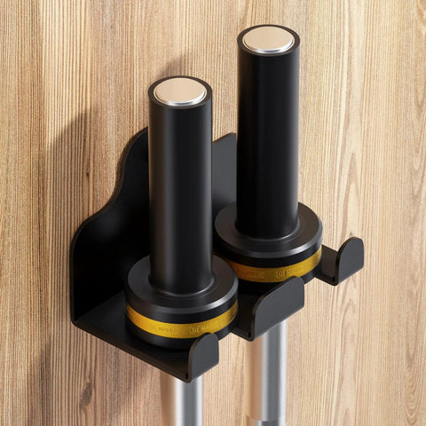 Dual Barbell Wall Rack For Garage Gym With Protective Padding Heavy Duty Steel Mount Holds Olympic Bars Black mounted on wall