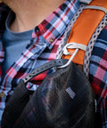 Go To G Series SlideLock Dual Chamber Carabiner Keychain Stainless Steel Dual Security Locking Gate clipped on orange backpack strap