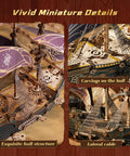 Detailed view of 3D Wooden Pirate Ship Puzzle Kit With Purple Hull Build A Victorian Steampunk Galleon Epic Home Decor Display.