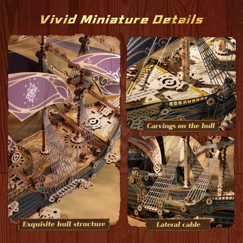 Detailed view of 3D Wooden Pirate Ship Puzzle Kit With Purple Hull Build A Victorian Steampunk Galleon Epic Home Decor Display.