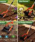 Rotary Cultivator Garden Tool With Adjustable Long Handle Tiller Featuring Star Shaped Rolling Tines in use for soil loosening, weed removal, aeration, and cultivation in a garden setting.