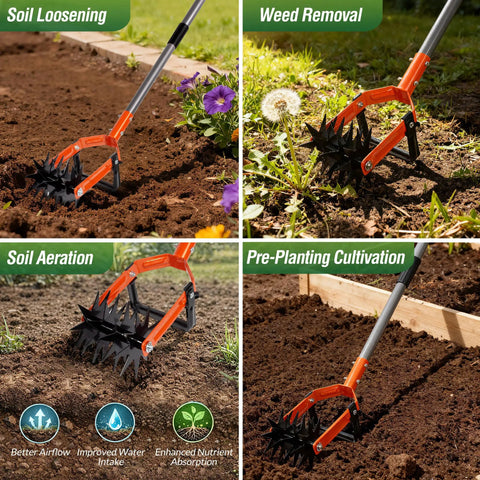 Rotary Cultivator Garden Tool With Adjustable Long Handle Tiller Featuring Star Shaped Rolling Tines in use for soil loosening, weed removal, aeration, and cultivation in a garden setting.