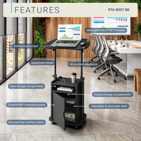 Adjustable Laptop Cart With Storage Rolling Mobile Workstation Desk With Cabinet Shelf And Locking Wheels for office use