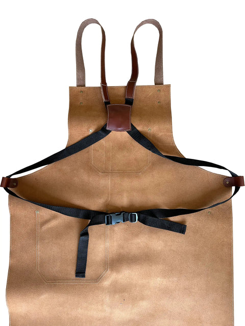 Leather Grill Master Apron With Cross Back Straps Heat Resistant Full Grain Leather For BBQ Woodworking Barber And Welding Adjustable From M To 2XL Unisex Brown showcasing front view with black straps.