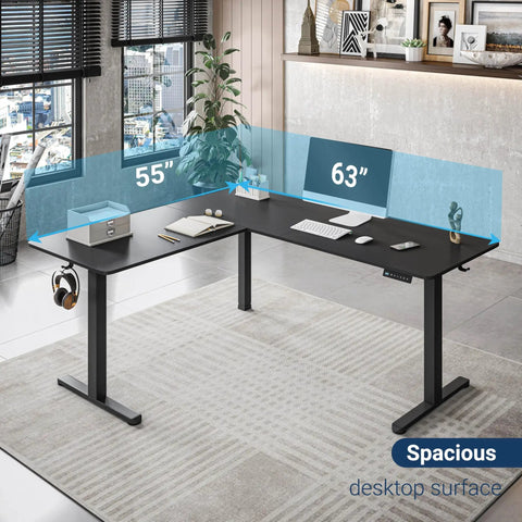 Boss Level L Shaped Electric Standing Desk With Smooth Glide Motors And Three Memory Presets For A Sick Gaming Station Or Remote Work Hub In Sleek Black Finish with spacious 63x55 inch top.