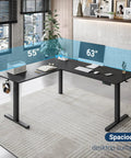 Killer Corner Workspace Flex 63 Inch L Shaped Electric Standing Desk With Ultra Quiet Motor Adjustable Height And Reliable Memory Presets For Ultimate Home Office Vibe with 63" by 55" desktop surface.