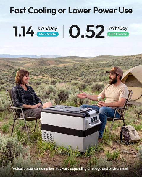 Solid Forty Eight Quart 12 Volt Compressor Portable Fridge And Freezer For Your Ride delivers fast cooling in outdoor setting with people.