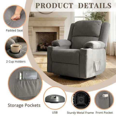 Product details of Ultimate 360 Degree Swivel Rocker Recliner with seat, USB, cup holders, storage pockets, grey in living room