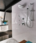 Compel Slide Bar Handheld Shower System With Hose In Chrome installed in modern bathroom with white tile wall.