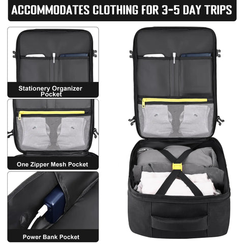 Open Under Seat Travel Backpack For Men And Women Airline Approved Personal Item Fits 15.6 Inch Laptop 30L Carry On Bag showing compartments