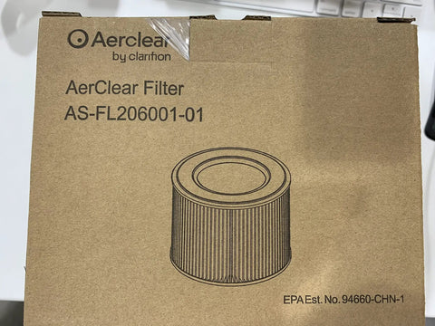 Triple Filtration Air Purifier Replacement Filter Set box showing AerClear filter model AS-FL206001-01 illustration.