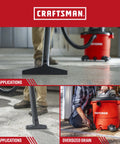Professional 20 Gallon Wet Dry Shop Vacuum With Six Point Five Peak Horsepower cleaning wet floors and large debris in garage.