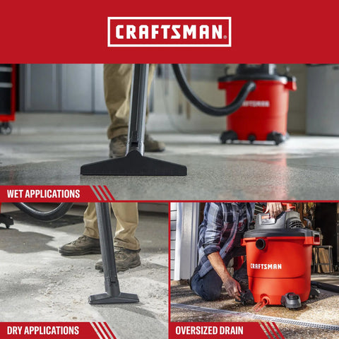 Professional 20 Gallon Wet Dry Shop Vacuum With Six Point Five Peak Horsepower cleaning wet floors and large debris in garage.