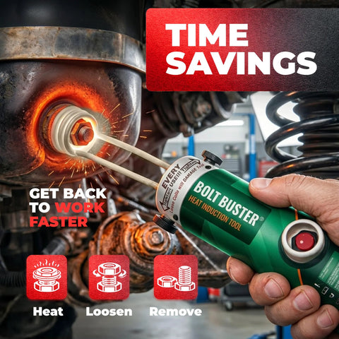 Bolt Buster heat induction tool, green handheld device heating a bolt on a rusty automotive suspension