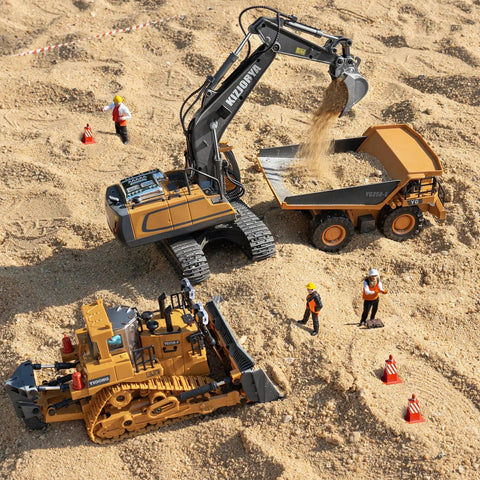 Remote Control Dump Truck For Kids Nine Channel RC Construction Vehicle With Metal Dump Bed Lights And Realistic Sound Rechargeable Battery Kid Approved Fun For Toddlers Boys And Girls Ages Six And Up in a sandbox with toy excavator and bulldozer
