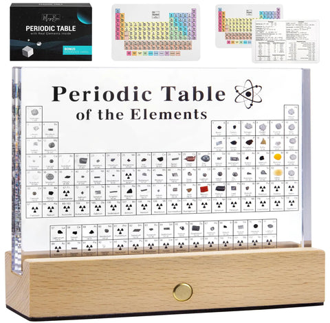 Clear Acrylic Periodic Table Display With Wooden Stand Featuring 83 Real Elements Includes 6 Chemistry Formula Reference Cards Cool Classroom Decor And Science Teacher Gift For Any Lab