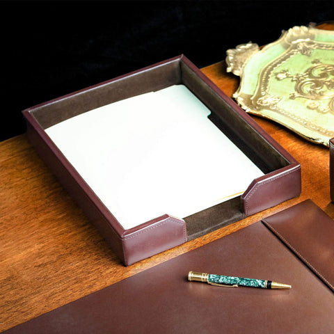Premium Bonded Leather Desktop Letter Tray Organizer for Your Desk with Luxury Letter Holder and Paper Organizer in Dark Brown.