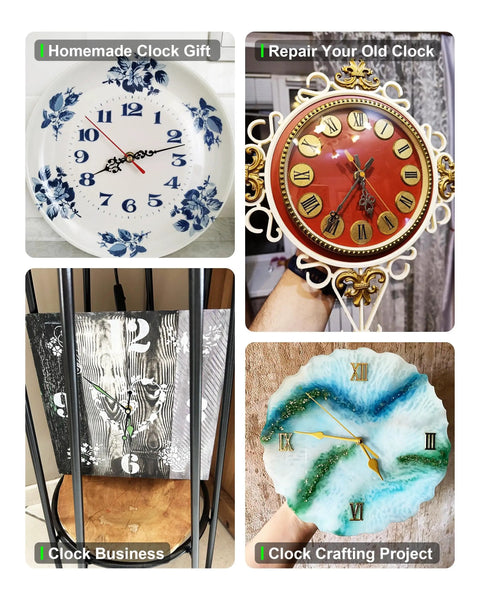Various DIY clocks showcasing Gold Clock Hands And Quartz Movement Kit For DIY Wall Clocks, Modern Aluminum Hands, Eight Sets.