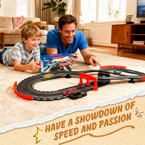 Father and son enjoying Rad Slot Car Race Track Set With Four High Speed Cars Dual Control System Hand Cranked And Electric.