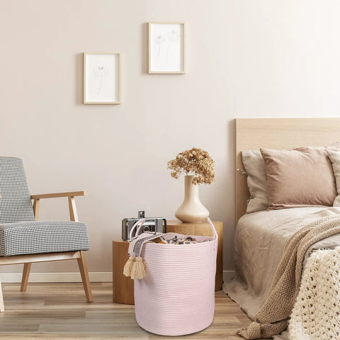 Large Tall Cotton Rope Laundry Basket Hamper With Handles For Nursery And Living Room, Woven Storage Bin in a cozy bedroom setting.
