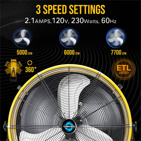 24 Inch Metal Drum Fan With High Velocity Airflow Up To 7700 CFM Three Speed Settings 360 Degree Tilt Heavy Duty Industrial Use