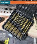 99 Piece Drill Bit Set Heavy Duty Titanium Coated HSS Bits For Wood Metal Plastic With Storage Case And Center Punch 1 16th To 3 8th Inch High Speed Steel Drill Kit For DIY Projects And Home Repairs in open case on workbench.