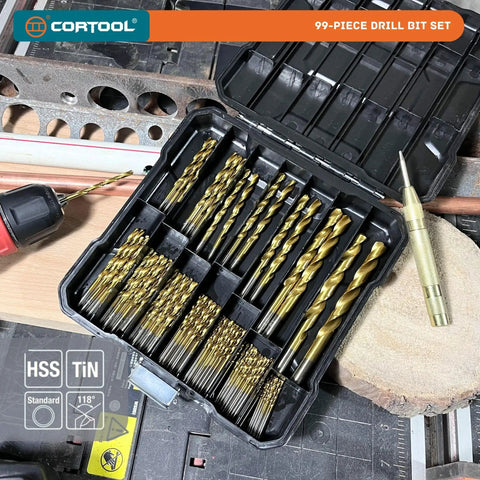 99 Piece Drill Bit Set Heavy Duty Titanium Coated HSS Bits For Wood Metal Plastic With Storage Case And Center Punch 1 16th To 3 8th Inch High Speed Steel Drill Kit For DIY Projects And Home Repairs in open case on workbench.