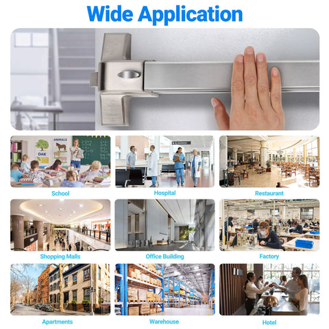 Badass Commercial Door Push Panic Bar with Stainless Steel Lever Handle 31 Inch Exit Device shown in various applications like schools, hospitals.