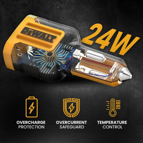 24W Fast Charging Dual USB Car Charger Adapter with internal circuitry visible, showing overcharge, overcurrent, and temperature control features.