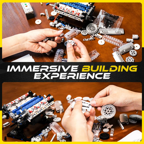 Hands assembling V8 Engine Model Kit For Teens And Adults Build Your Own Realistic Mini V8 With Visible Combustion Chambers.