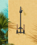 Wall-mounted outdoor shower kit with soap dish, matte black finish, for patio, poolside, corrosion and rust resistant.
