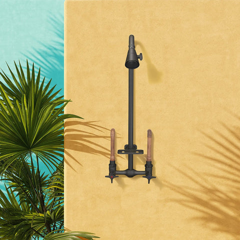 Wall-mounted outdoor shower kit with soap dish, matte black finish, for patio, poolside, corrosion and rust resistant.