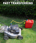 Smart Jerry battery-operated fuel transfer pump connected between lawn mower and red gasoline can with a yellow hose.