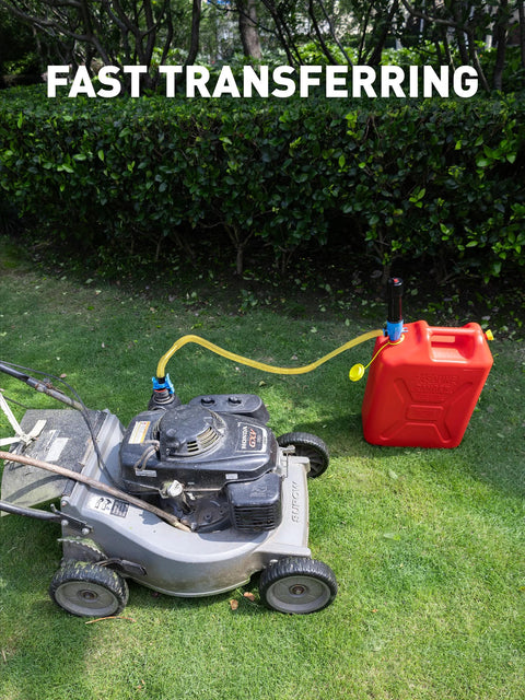 Smart Jerry battery-operated fuel transfer pump connected between lawn mower and red gasoline can with a yellow hose.
