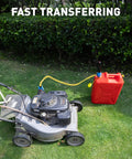 Cordless Fuel Transfer Pump For On The Go Use connected to lawnmower and red gas can on grass