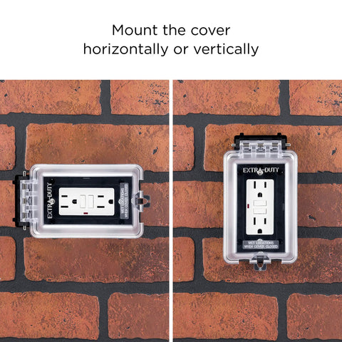 Weatherproof Outdoor Outlet Cover For Single Gang Electrical Box mounted horizontally and vertically on brick wall