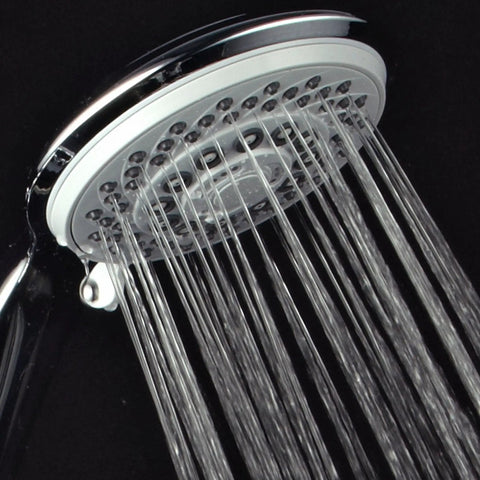 Close-up of Instant Mount Drill Free Shower Combo with 3 Way SpiralFlo Head spraying water jets downward, part of dual shower heads.